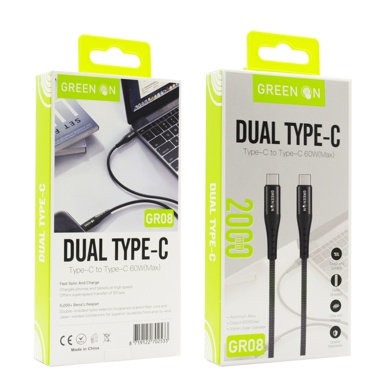 GREEN ON Dual Cable USB-C To USB-C GR08 2M