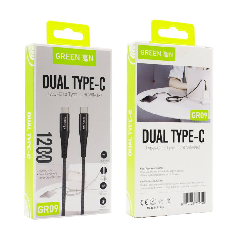 GREEN ON Dual Cable USB-C To USB-C GR09 1.2M
