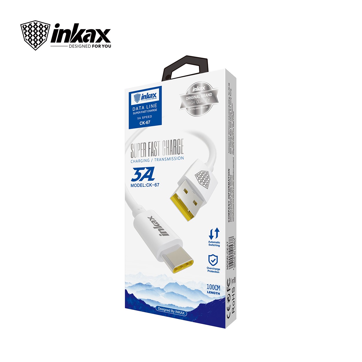 INKAX CK-67 USB Type-C 5A 1M Adatkábel - Fehér