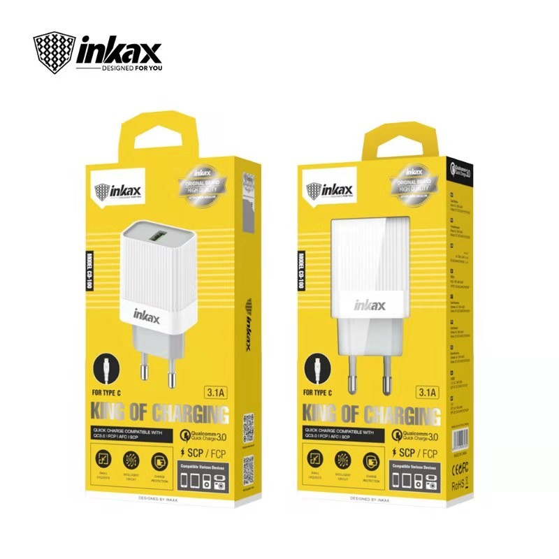 INKAX CD-100 22.5W Hálózati Töltőfej + USB Type-C 1M Adatkábel - Fehér