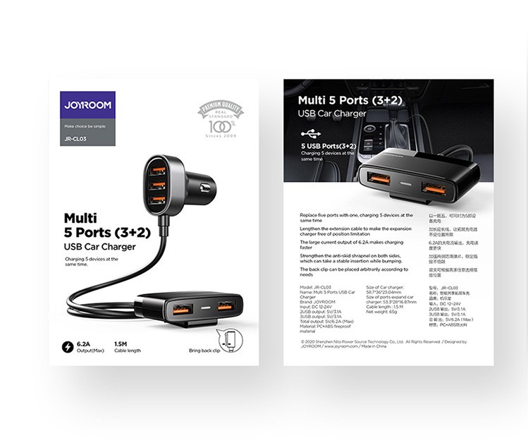 Joyroom JR-CL03 6.2A QC 2.0 5xUSB Autós Multi Töltőfej - Fekete