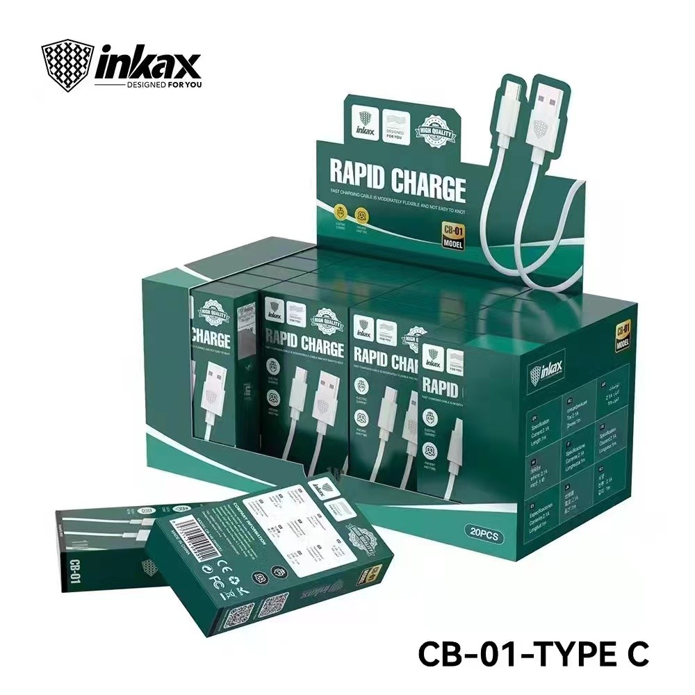 INKAX CB-01 20 Darabos 2.1A USB Type-C 1M Adatkábel - Fehér