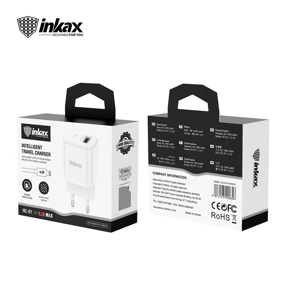 INKAX HC-01 2.1A Hálózati Töltőfej + Lightning 1M Adatkábel - Fehér