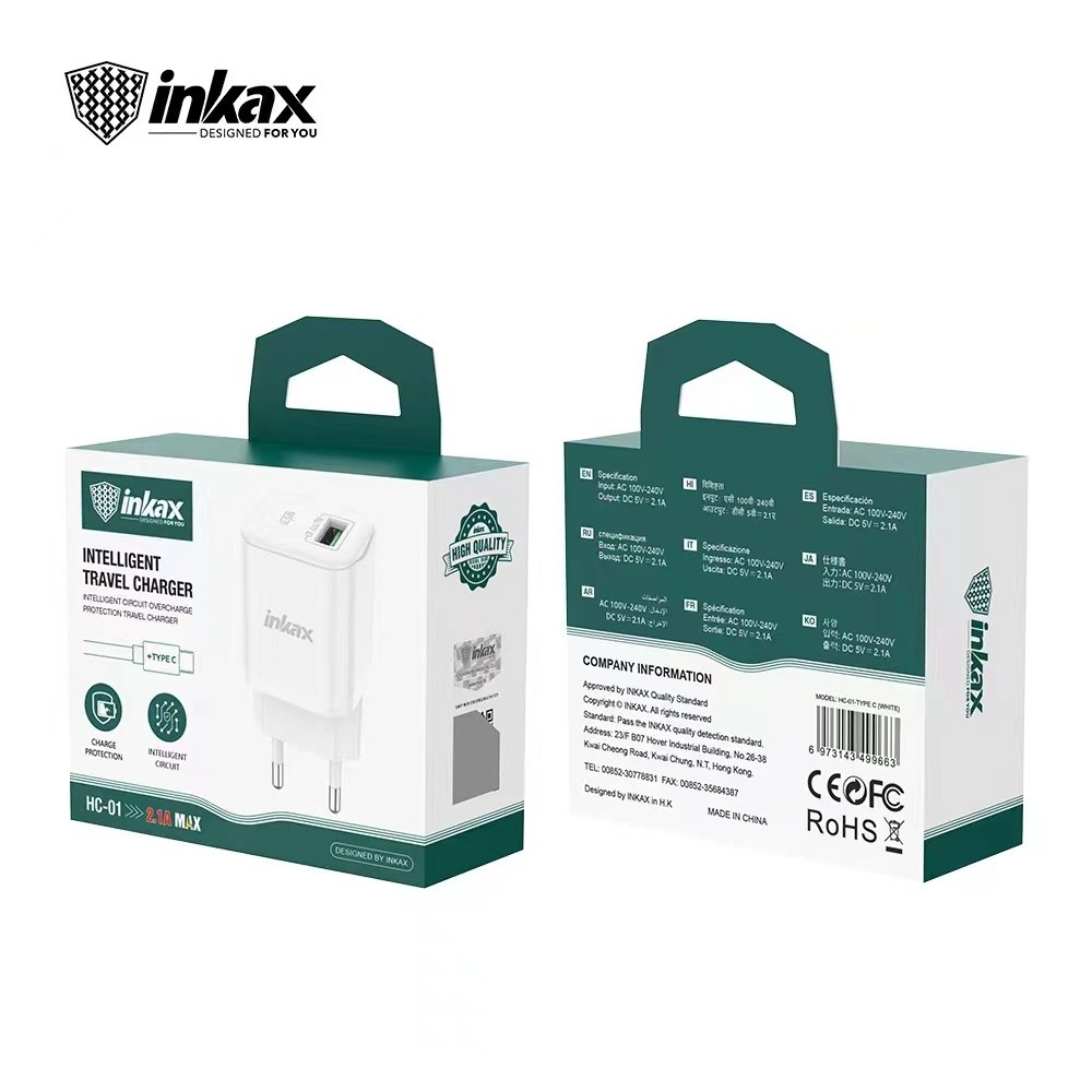 INKAX HC-01 2.1A Hálózati Töltőfej + USB Type-C 1M Adatkábel - Fehér