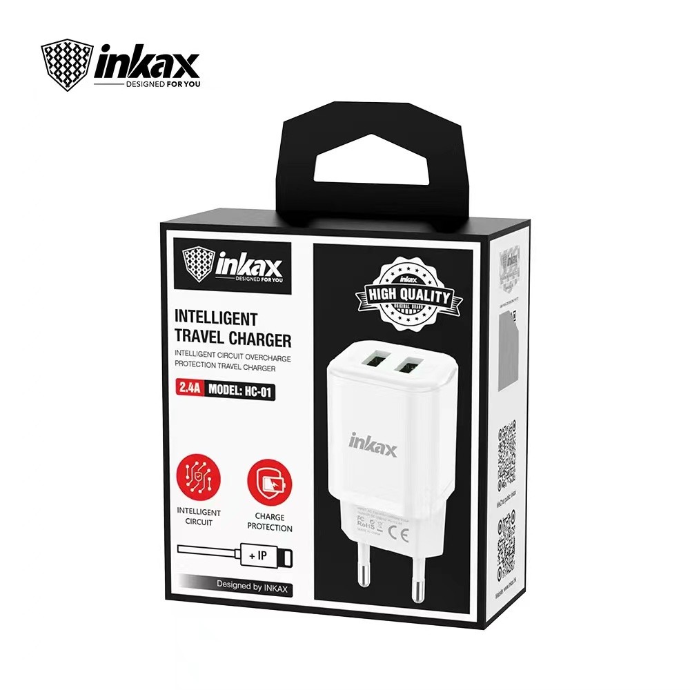 INKAX HC-02 2.4A Hálózati Töltőfej + Lightning 1M Adatkábel - Fehér