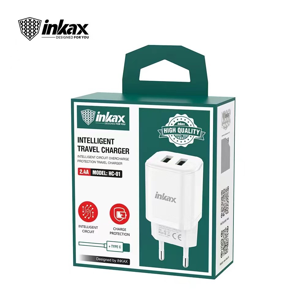 INKAX HC-02 2.4A Hálózati Töltőfej + USB Type-C 1M Adatkábel - Fehér
