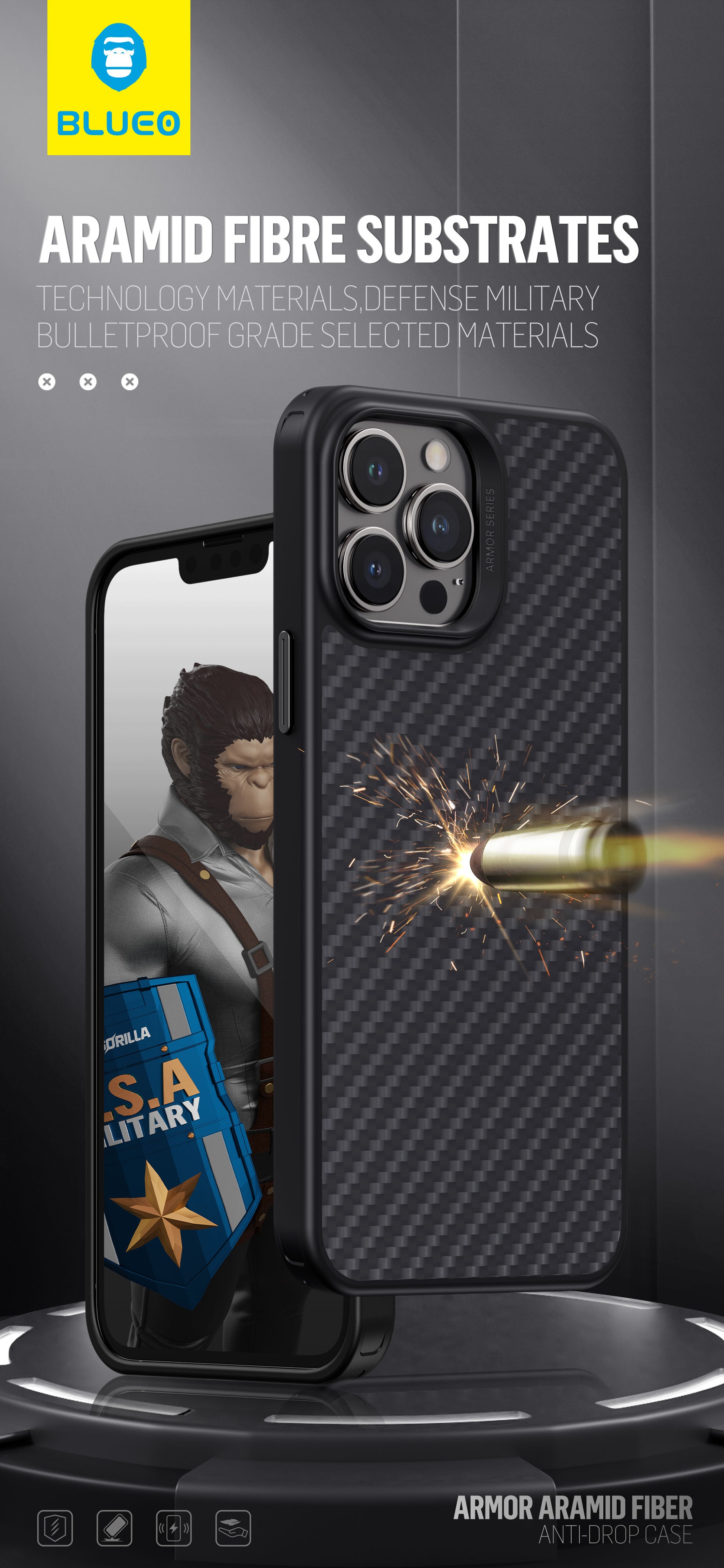 Apple iPhone 14 Pro Max Blueo Armor Aramid Fiber Magsafe Hátlap - Fekete