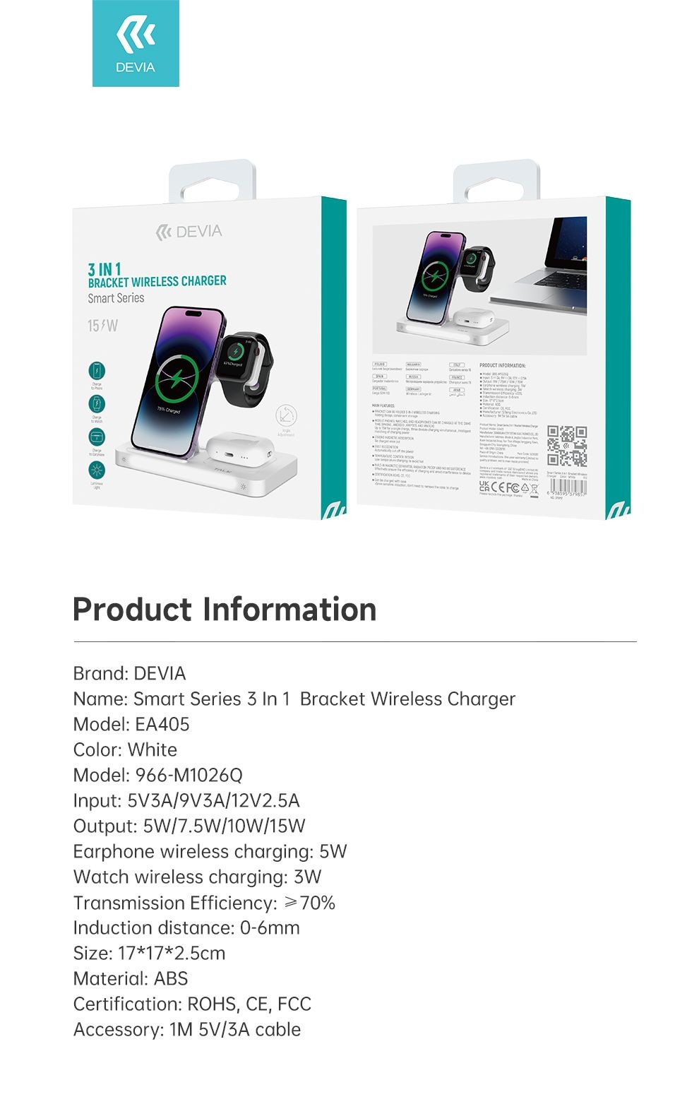 Devia EA405 Smart 3in1 Wireless Töltő - Fehér