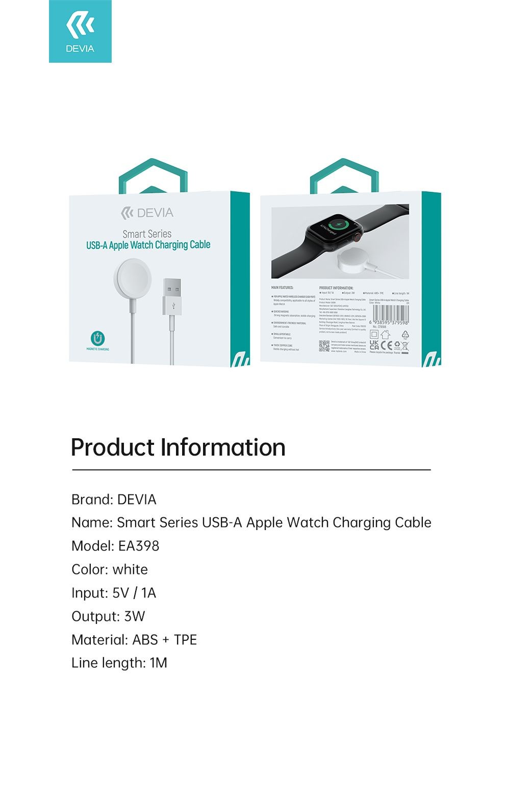 DEVIA EA398 Smart USB-A Magnetic Wireless Apple iWatch Töltő - Fehér
