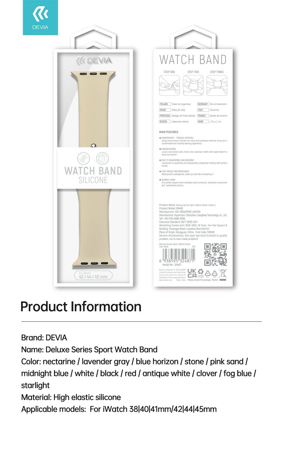 Apple iWatch Devia Delux Sport 42/44/45mm Óraszíj - White