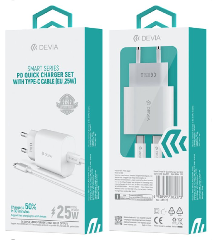 Devia RLC-383 Smart PD 25W Hálózati Töltőfej + PD USB Type-C Töltőkábel - 