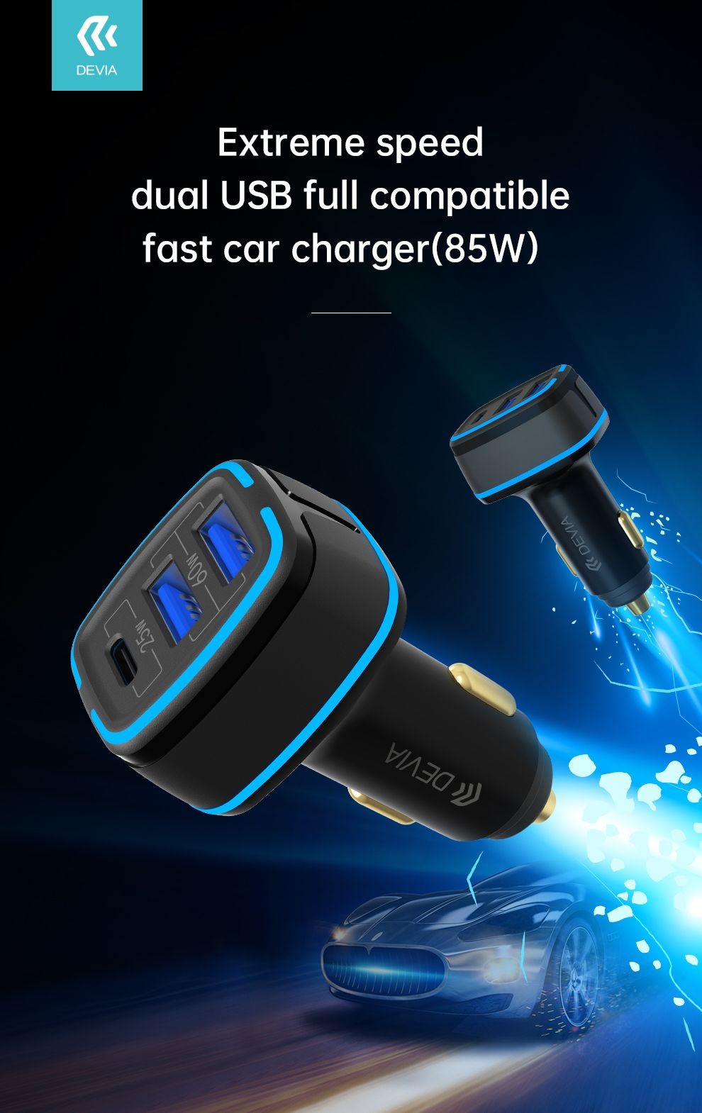 Devia EA191 Extrem Speed PD+ 2xQC 3.0 85W Autós Töltőfej- Fekete