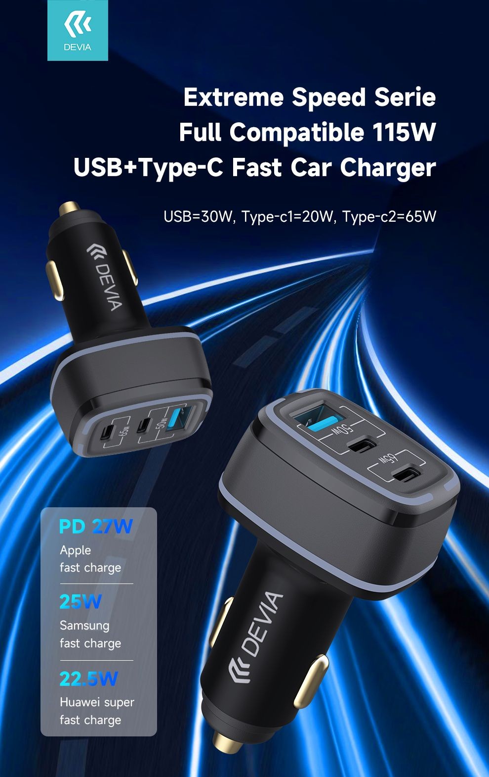 Devia EA361 Extrem Speed 2xPD + QC 3.0 115W Autós Töltőfej- Fekete