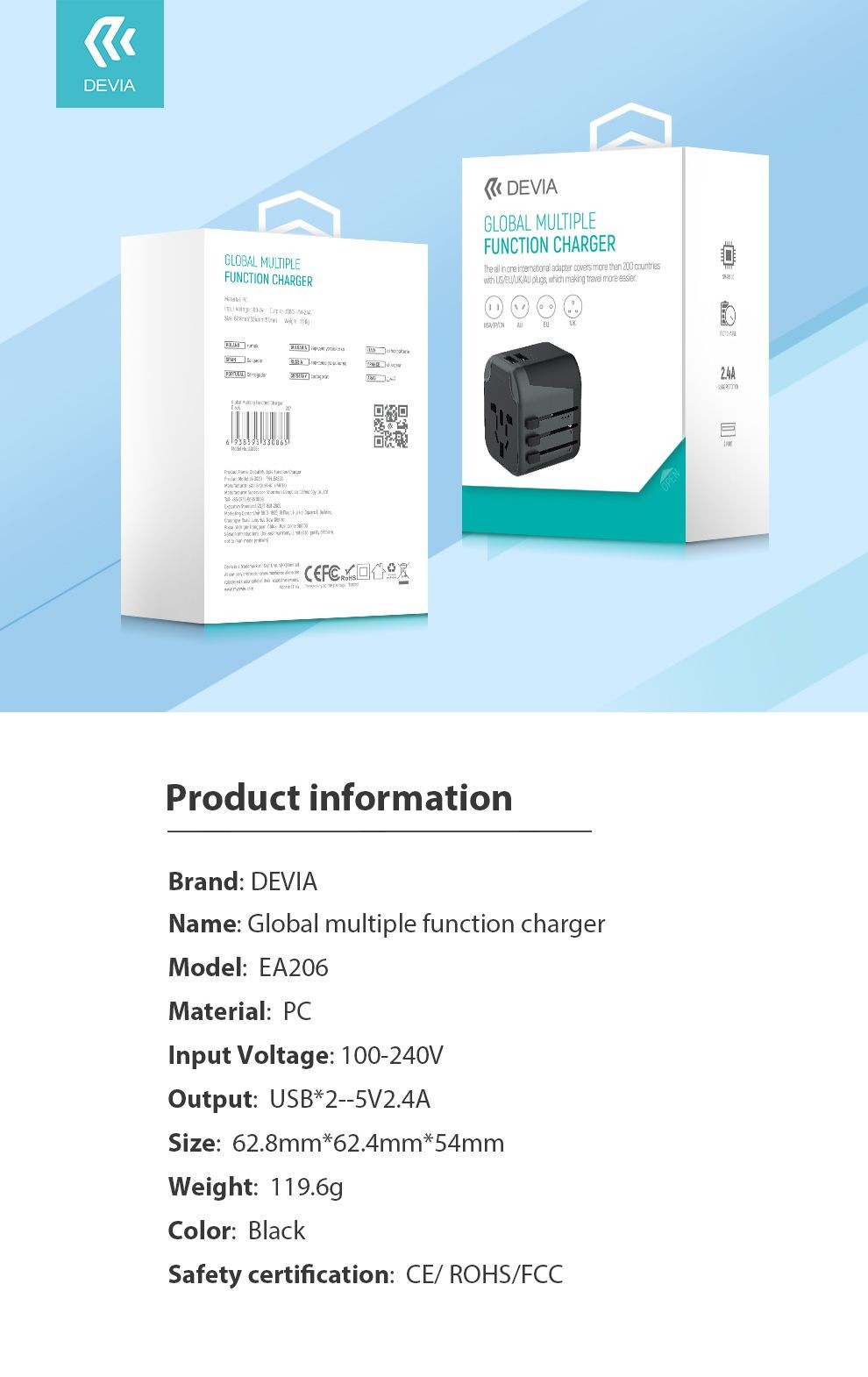 Devia EA206 Global Multiple 2xUSB 2.4A Hálózati Töltőfej - Fekete