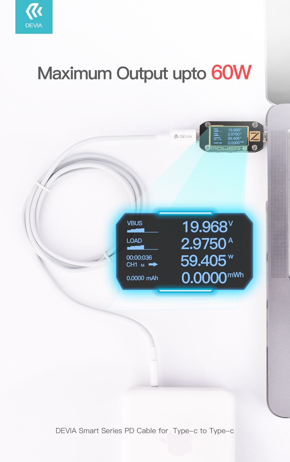 DEVIA EC042 Smart PD 60W USB Type-C 1M Adatkábel - Fehér