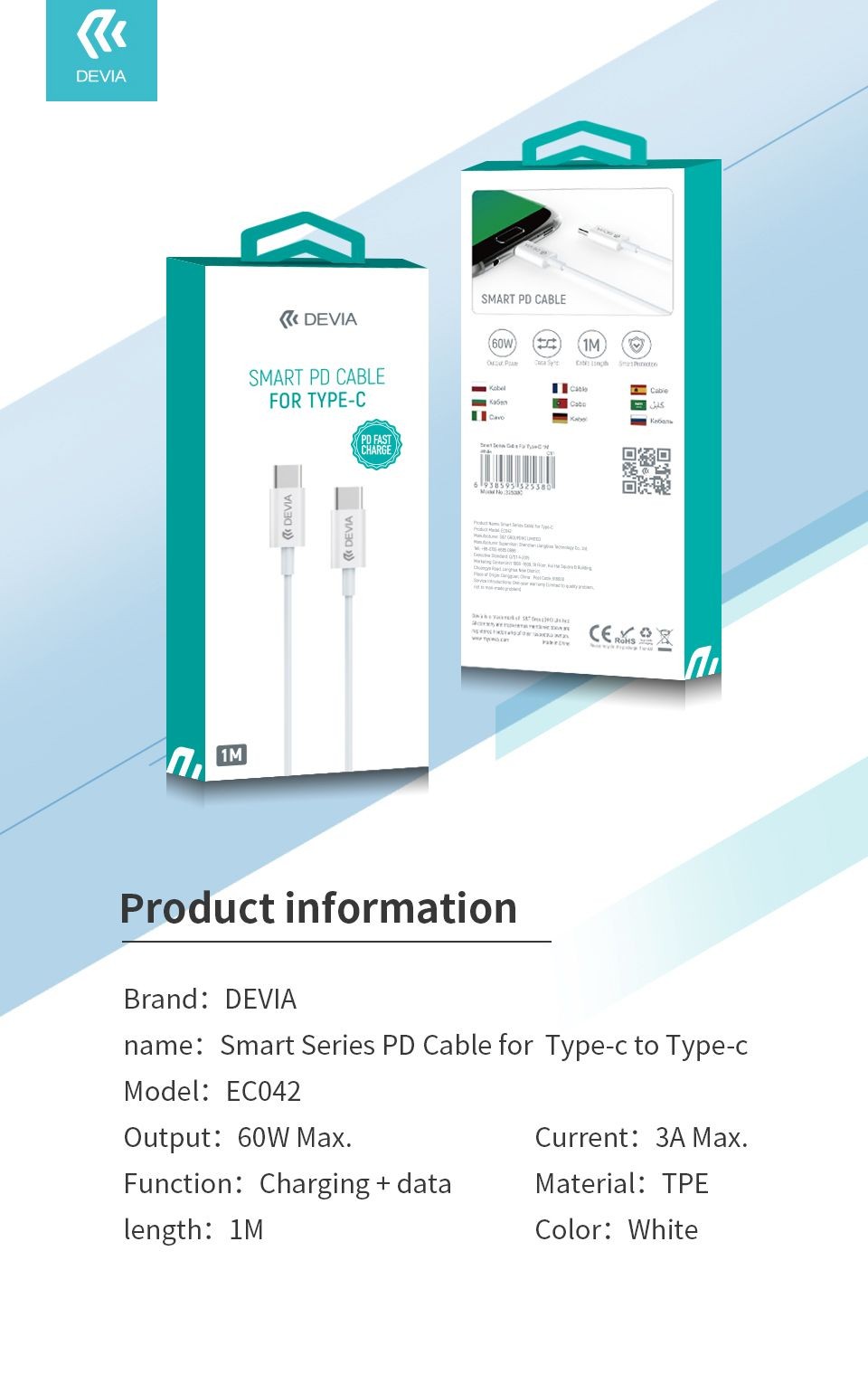 DEVIA EC042 Smart PD 60W USB Type-C 1M Adatkábel - Fehér
