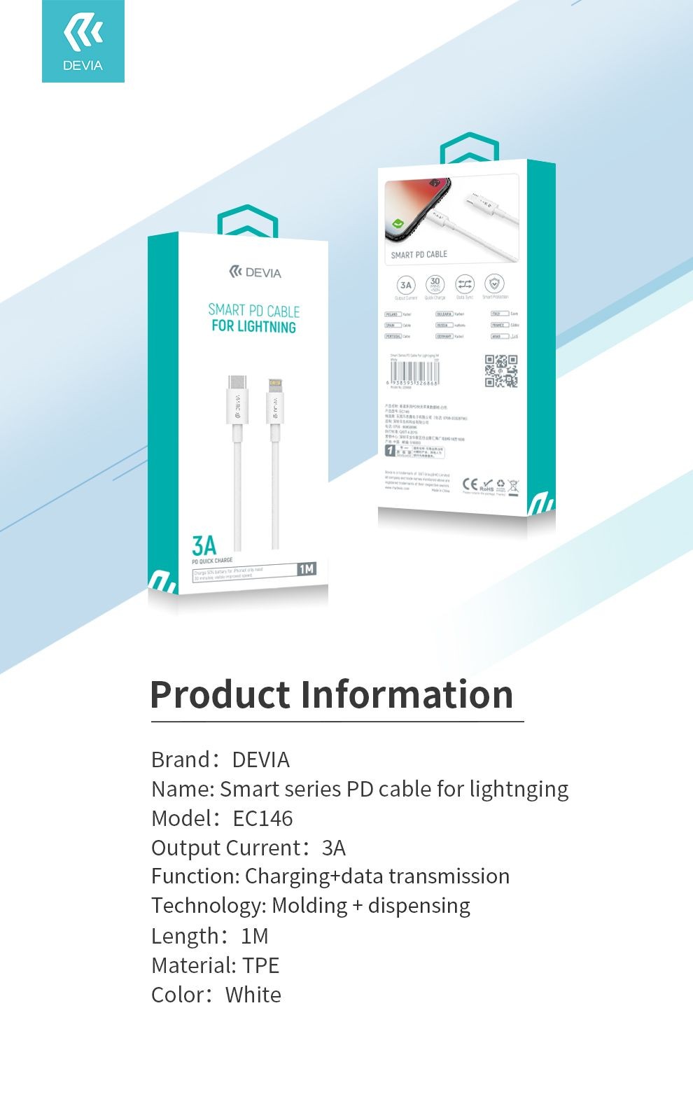 DEVIA EC146 Smart PD 20W Lightning 1M Adatkábel - Fehér