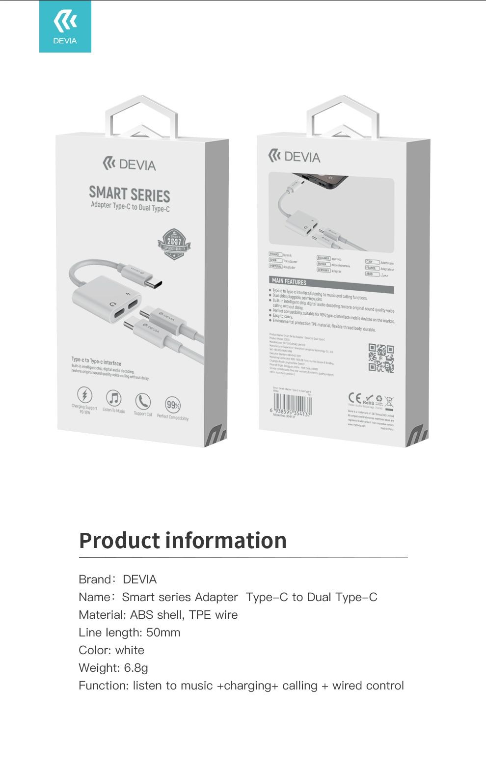 Devia EC609 USB Type-C/USB Type-C Audió és Töltő Adapter - Fehér