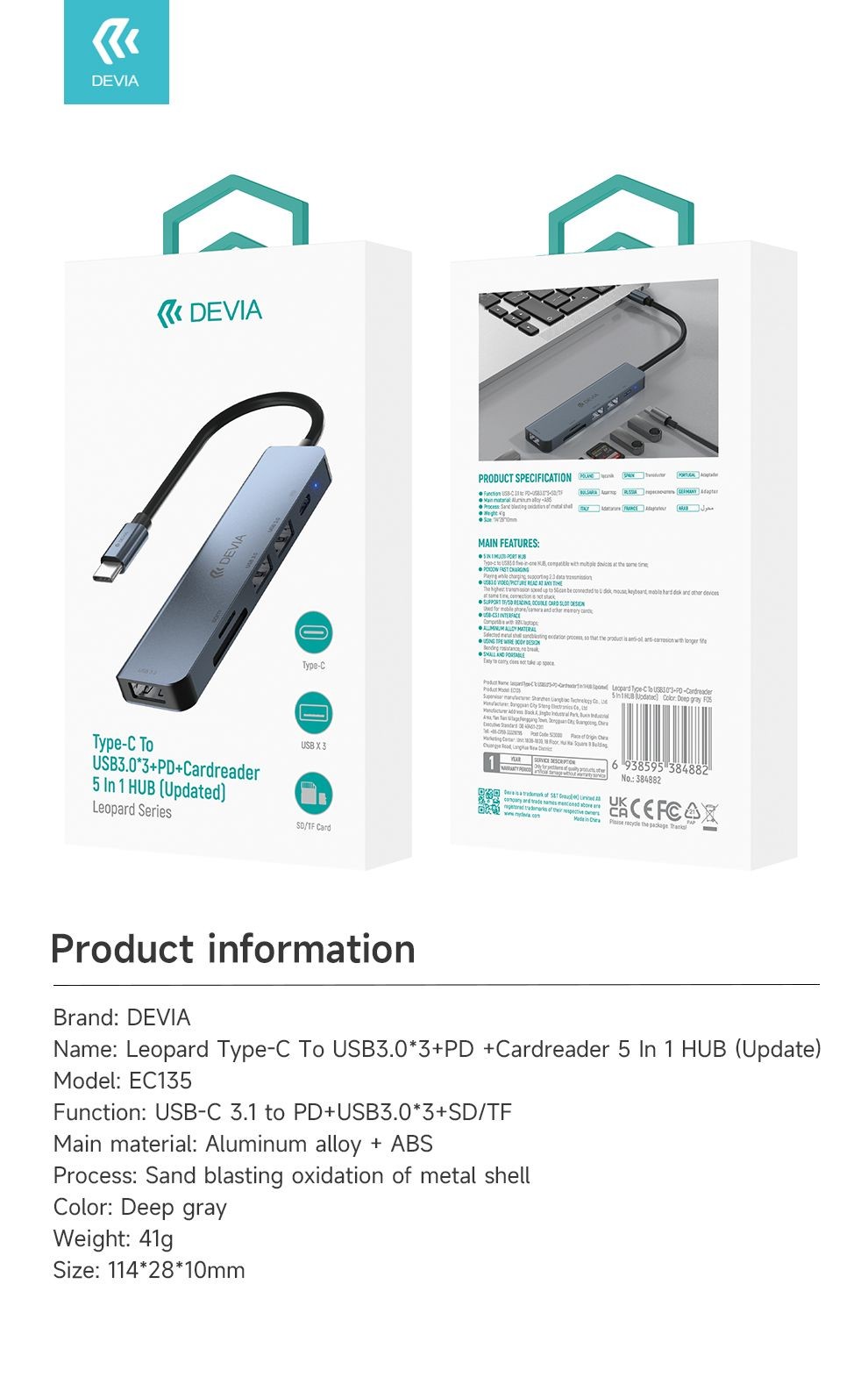 Devia EC135 Leopard USB Type-C 3.1 5in1 Multi HUB Adapter - Grafit