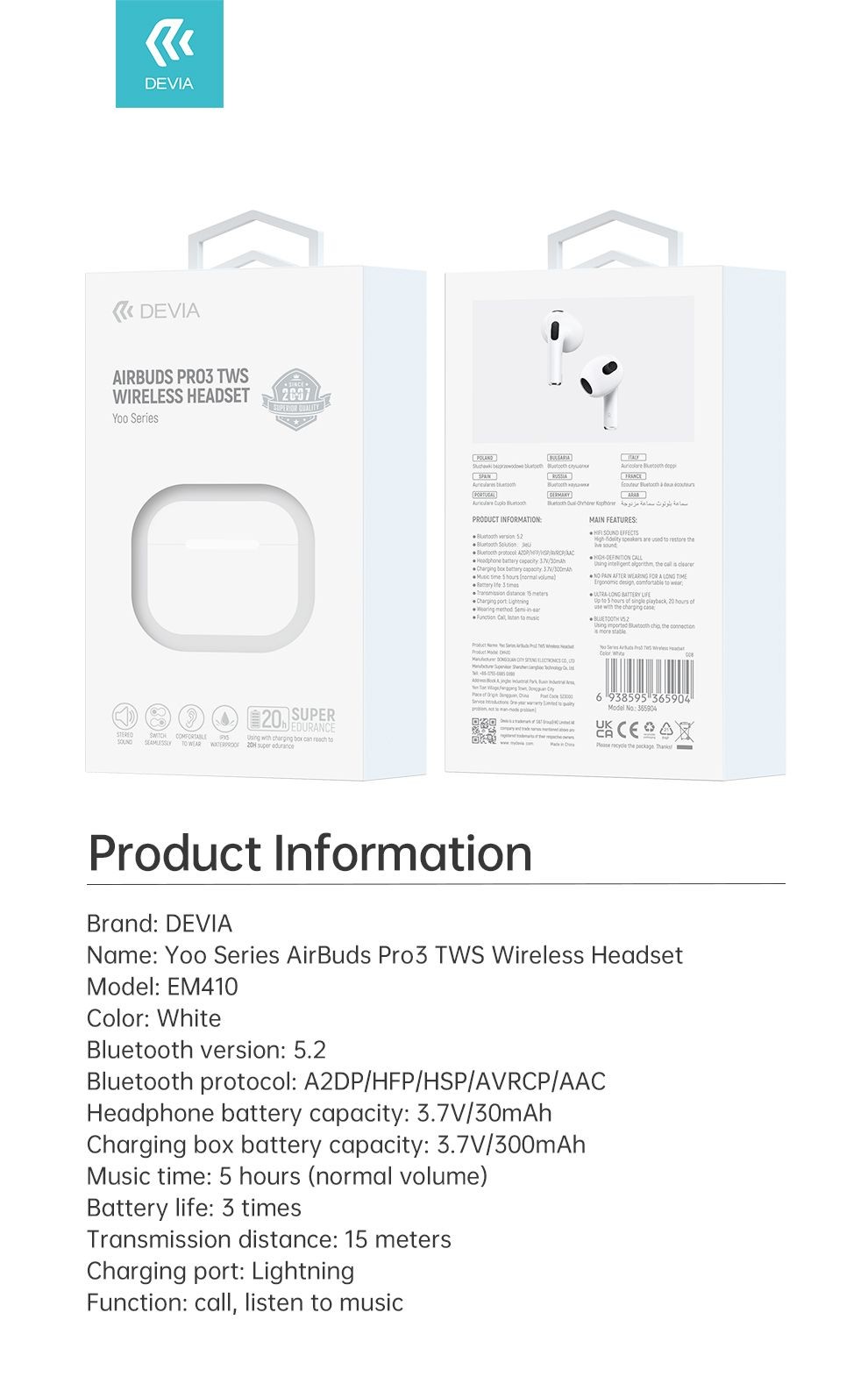 Devia EM410 Kintone Pods3 TWS Bluetooth 5.2 Headset - Fehér