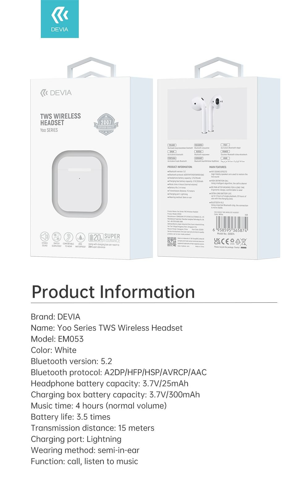 Devia EM053 Kintone Airbuds TWS Bluetooth 5.2 Headset - Fehér