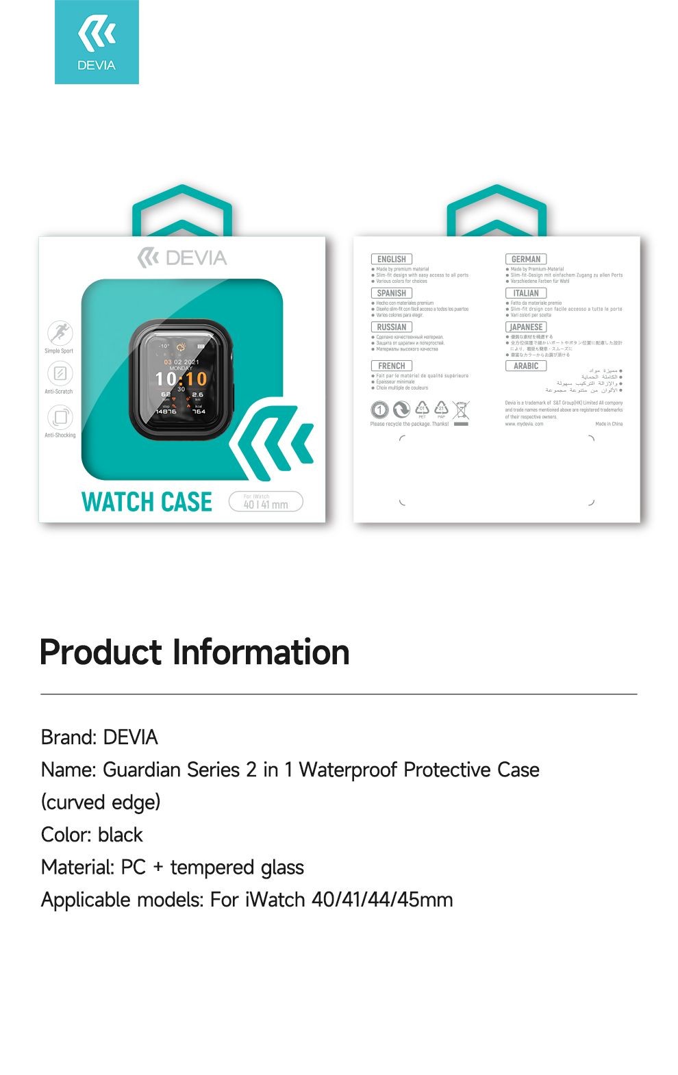 Apple iWatch 7/8 Devia Guardian Waterproof 2in1 41mm Tok + Üveg - Fekete