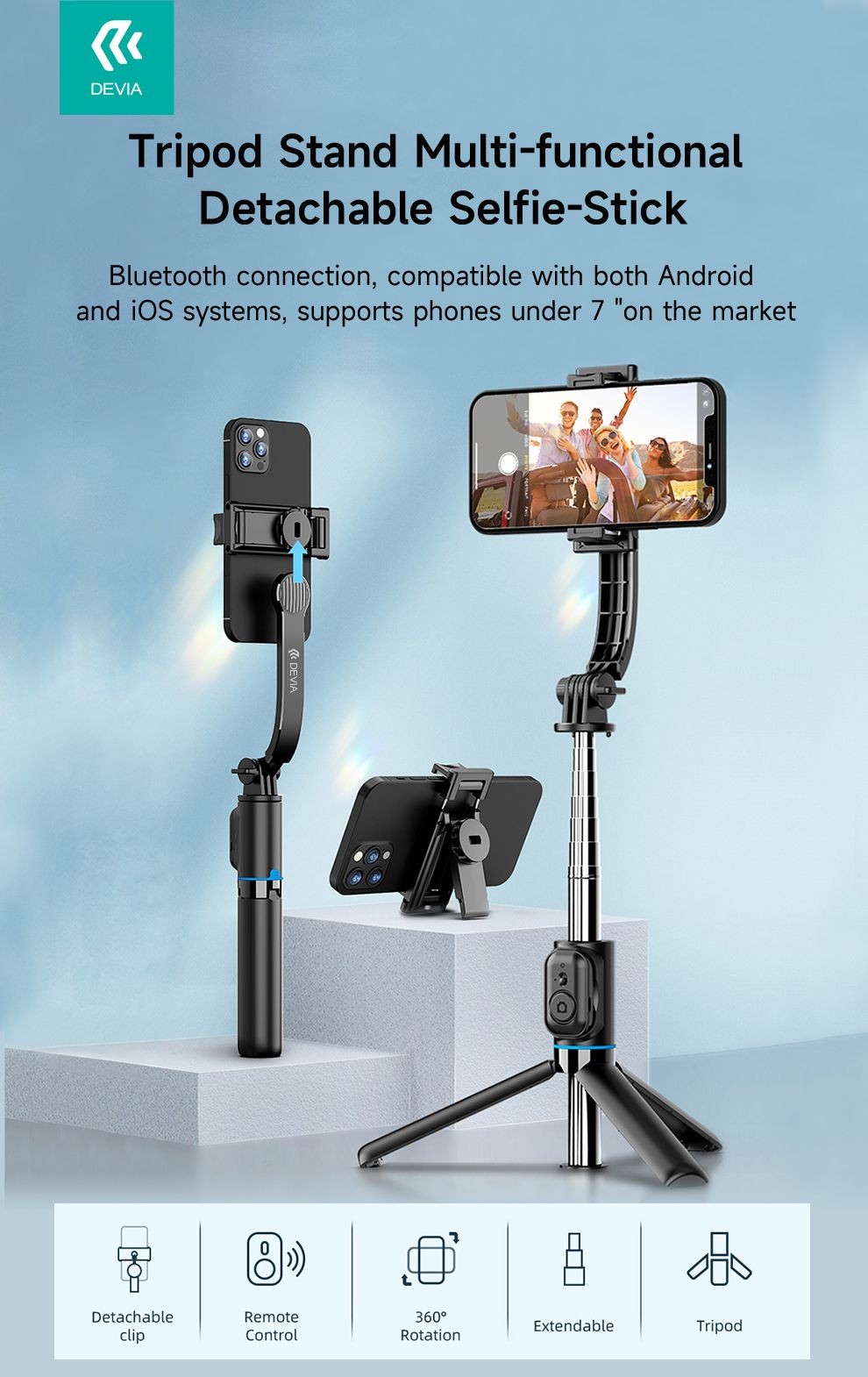 Devia Tripod Stand Multifunkciós Wireless Selfie Bot - Fekete