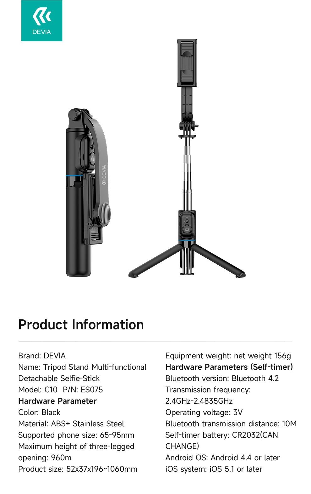 Devia Tripod Stand Multifunkciós Wireless Selfie Bot - Fekete