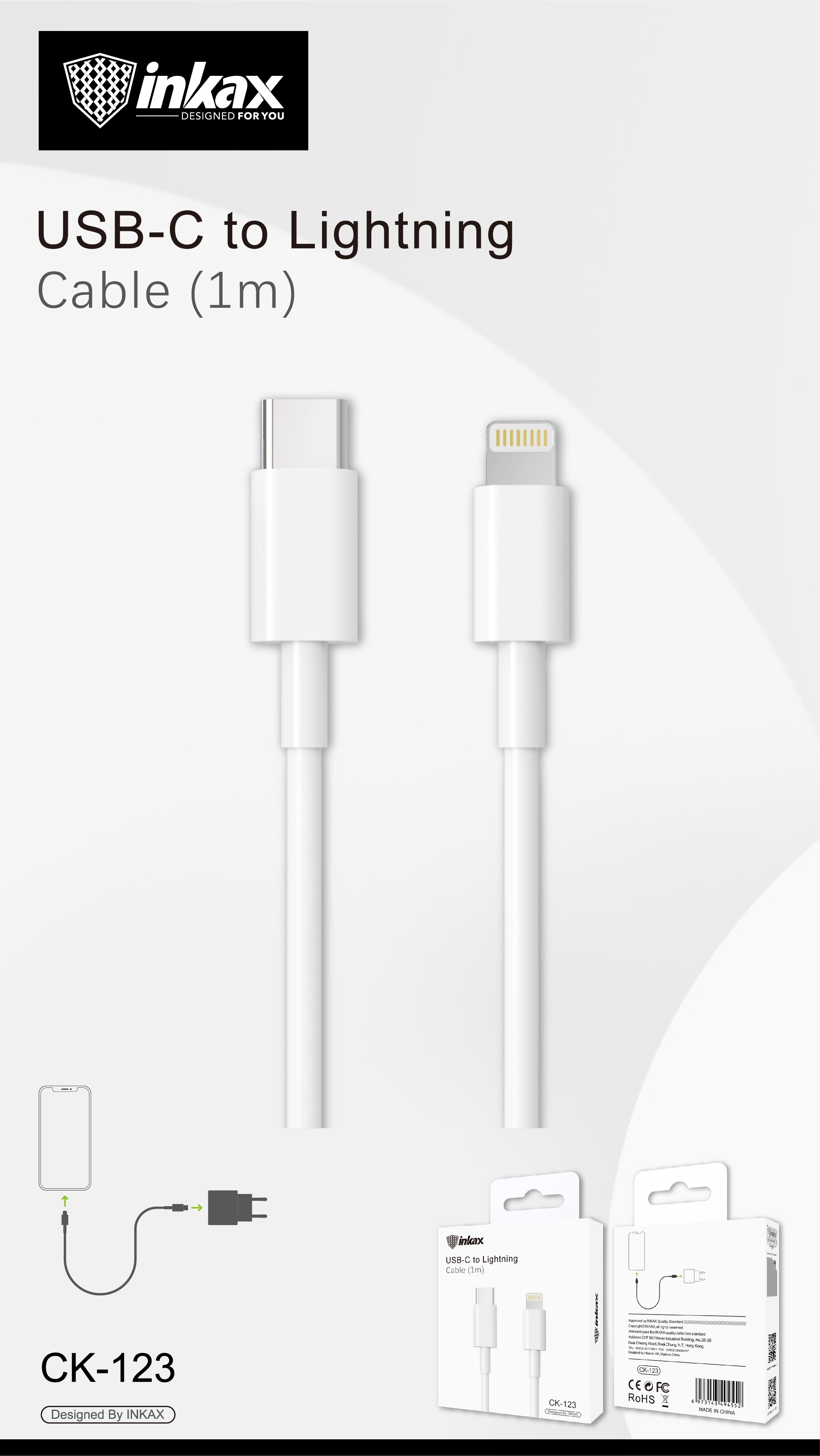 INKAX CK-123 PD Lightning 3.1A 1M Adatkábel - Fehér