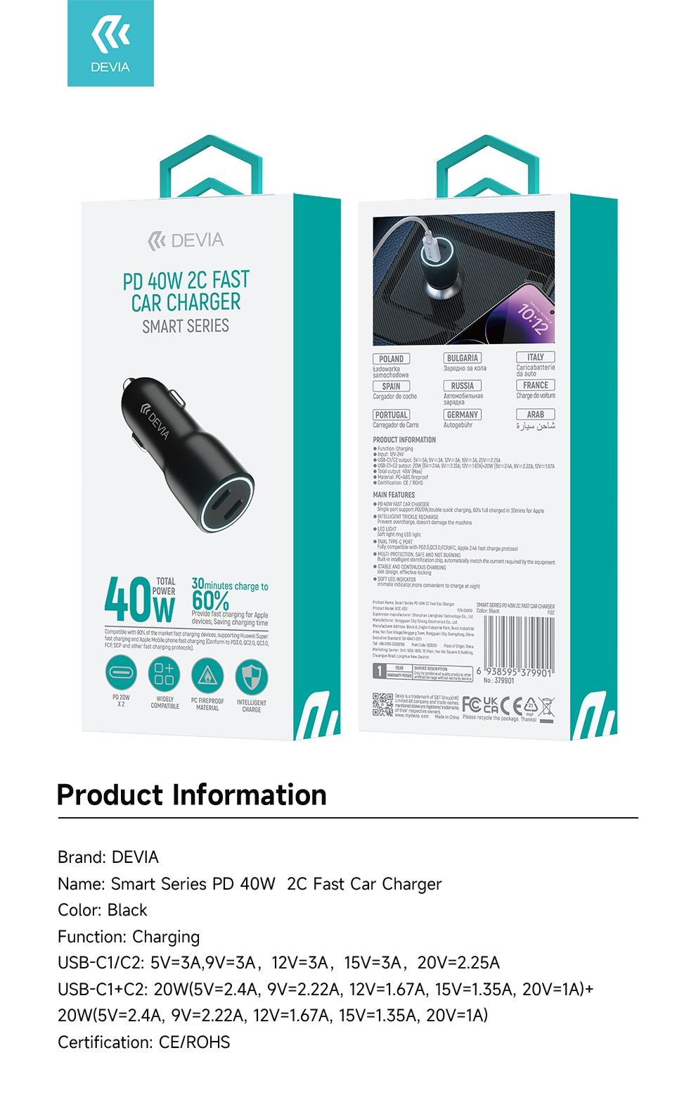 Devia EA360 Smart 2xQC 3.0 40W Autós Töltőfej- Fekete