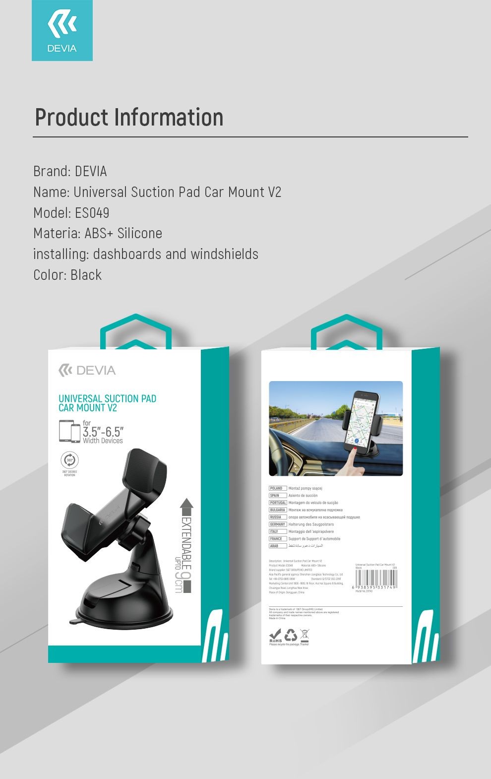 Devia ES049 Univerzal Suction Pad Autóstartó - Fekete