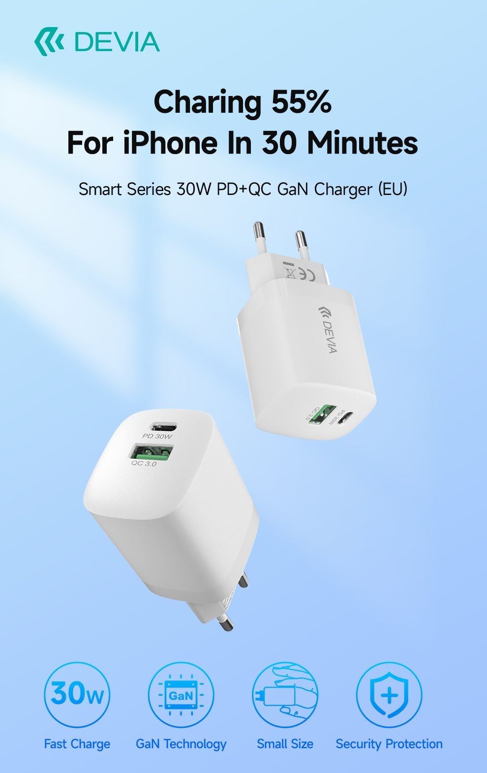 Devia RLC-537 Smart QC 3.0 + PD 30W Gan Hálózati Töltőfej - Fehér
