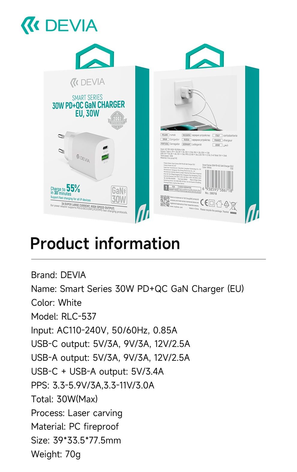 Devia RLC-537 Smart QC 3.0 + PD 30W Gan Hálózati Töltőfej - Fehér