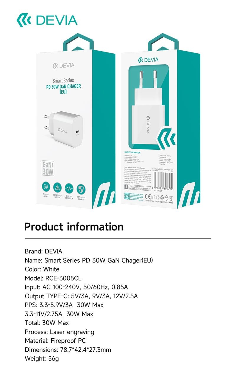 Devia RCE-3005CL Smart PD 30W GaN Hálózati Töltőfej - Fehér