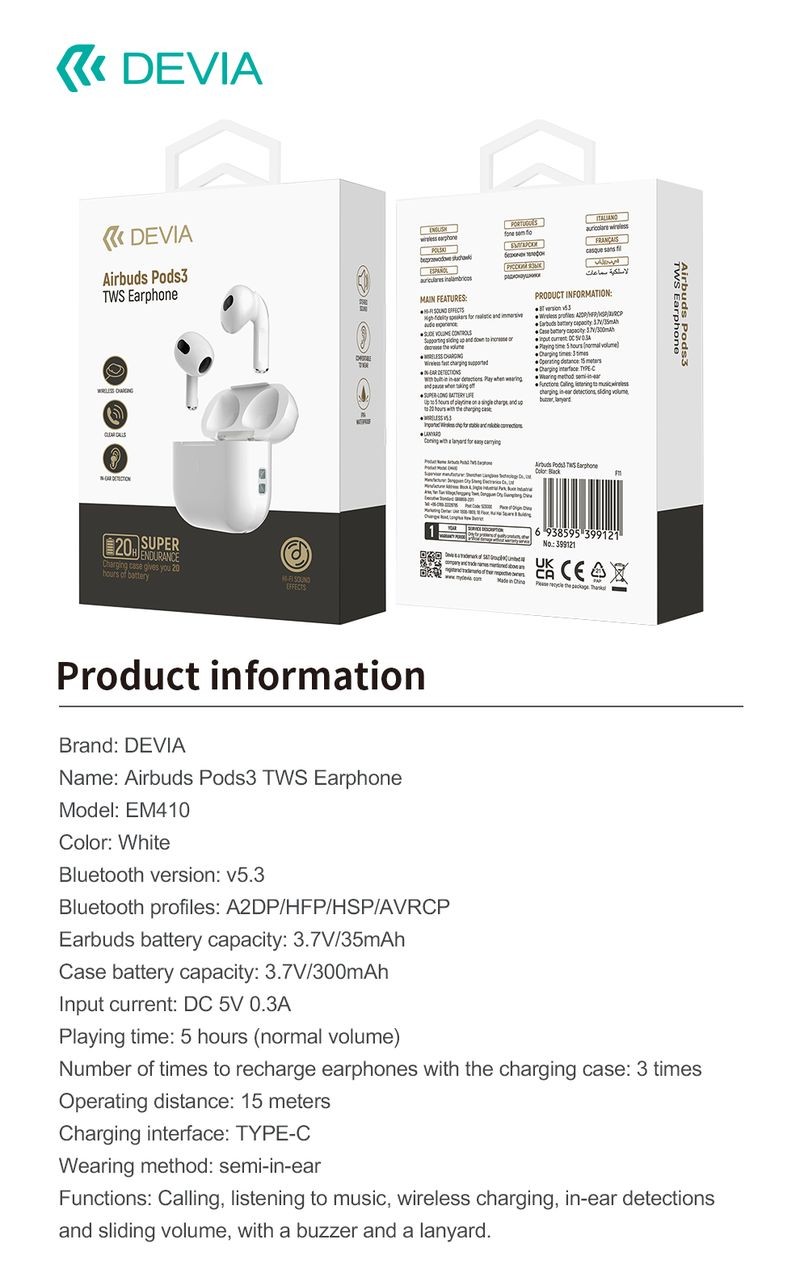 Devia Airbuds Pods3 TWS Bluetooth 5.2 Headset - Fehér
