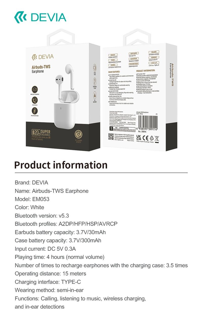 Devia Airbuds TWS Bluetooth 5.2 Headset - Fehér