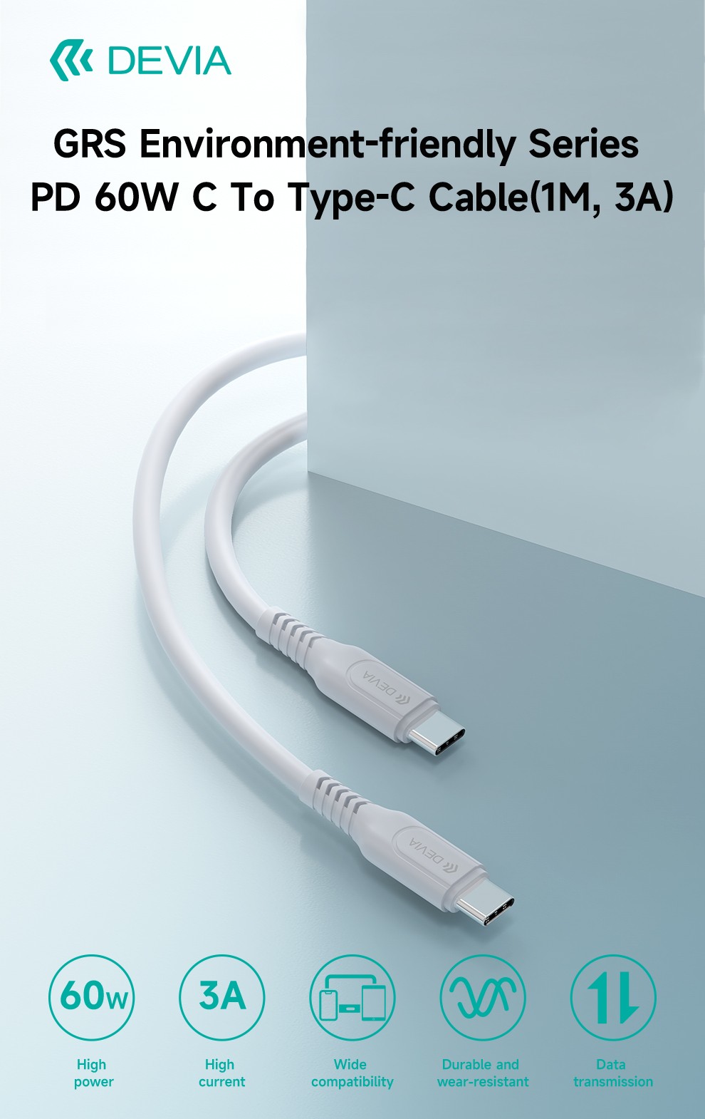DEVIA EC636 GRS PD 60W USB Type-C 1M Adatkábel - Fehér