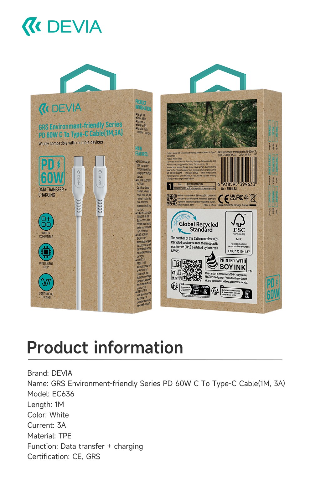 DEVIA EC636 GRS PD 60W USB Type-C 1M Adatkábel - Fehér