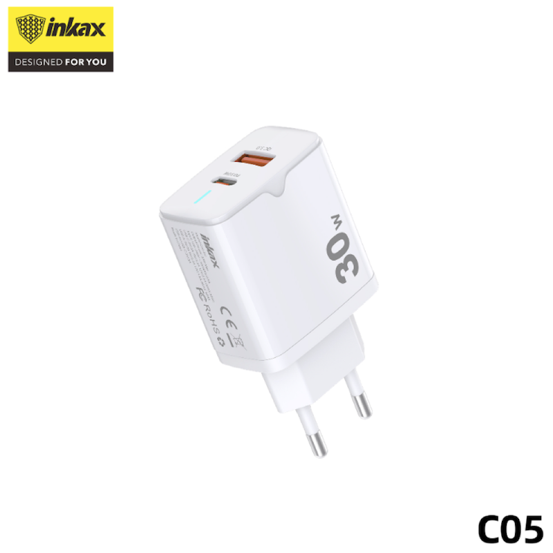 INKAX C05 PD+QC 3.0 30W PD Hálózati Töltőfej + Lightning 1M Adatkábel - Fe