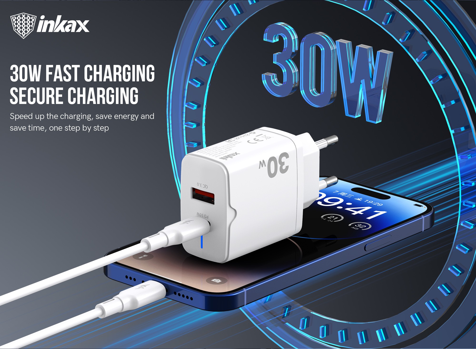INKAX C05 PD+QC 3.0 30W PD Hálózati Töltőfej + Lightning 1M Adatkábel - Fe