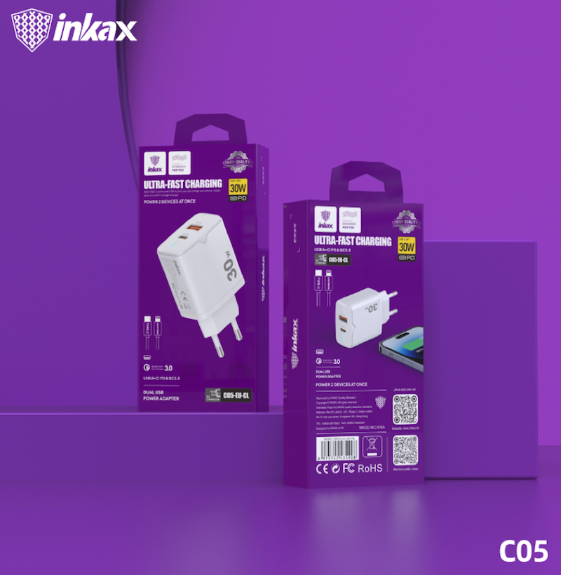 INKAX C05 PD+QC 3.0 30W PD Hálózati Töltőfej + Lightning 1M Adatkábel - Fe