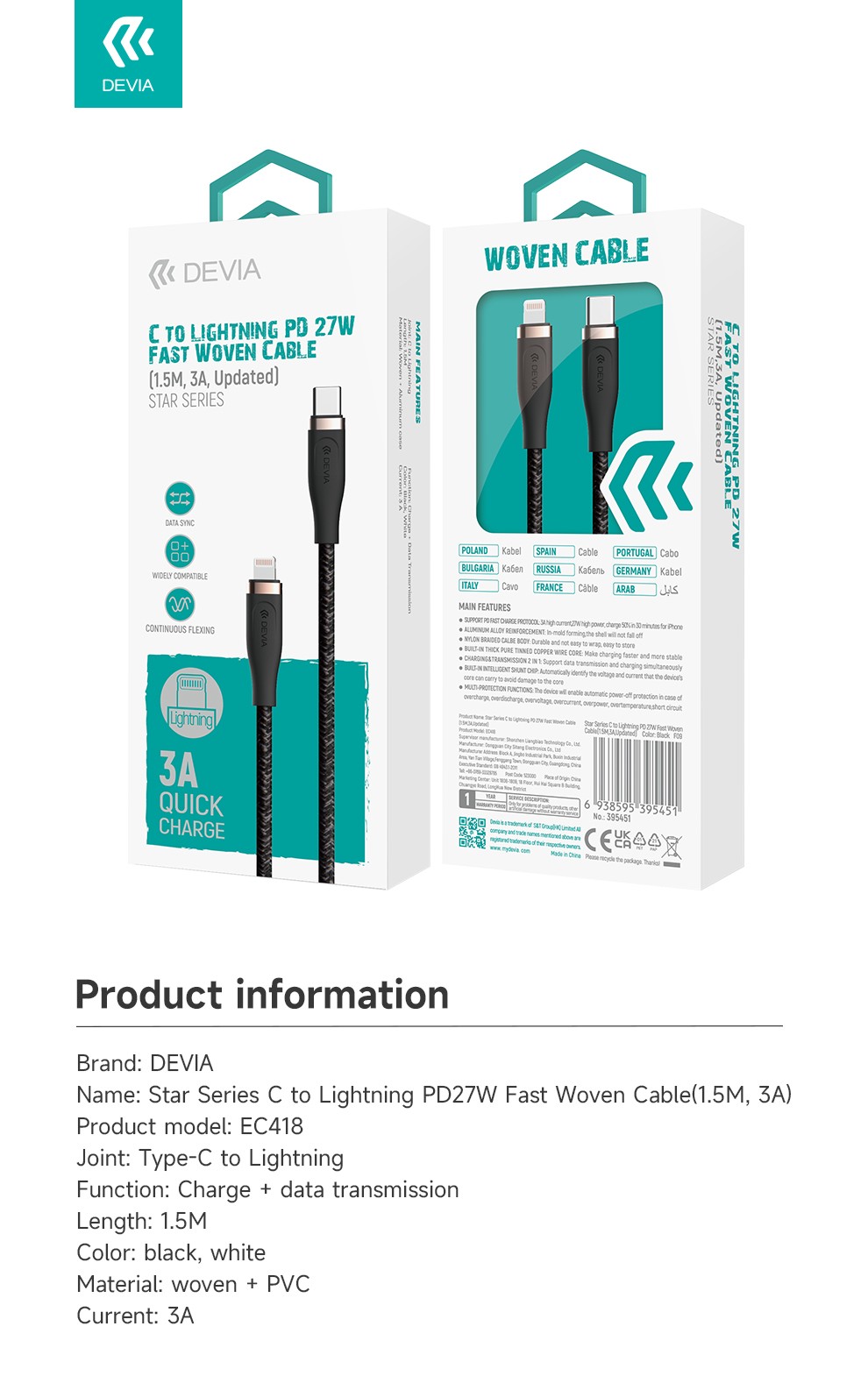 DEVIA EC418 Star PD 27W Lightning 1.5M Adatkábel - Fehér