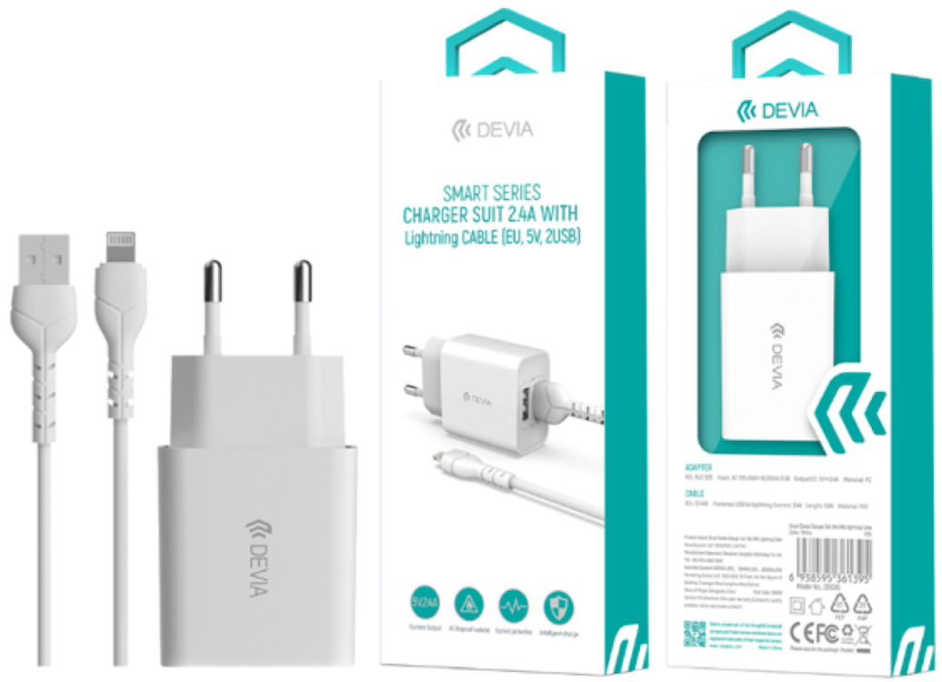 Devia RLC-526 Smart 2.4A 2xUSB Hálózati Töltőfej + 1m Lightning Töltőkábel