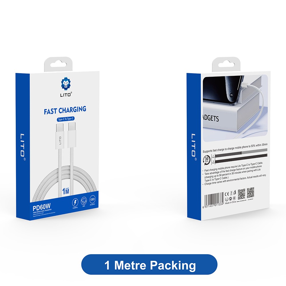 Lito Fast Charging PD 60W USB Type-C 1M Adatkábel - Fehér