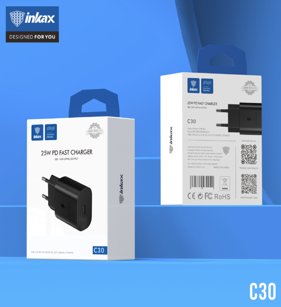 INKAX C30 PD 25W PD Hálózati Töltőfej + 1M PD Lightning Töltőkábel - Feket