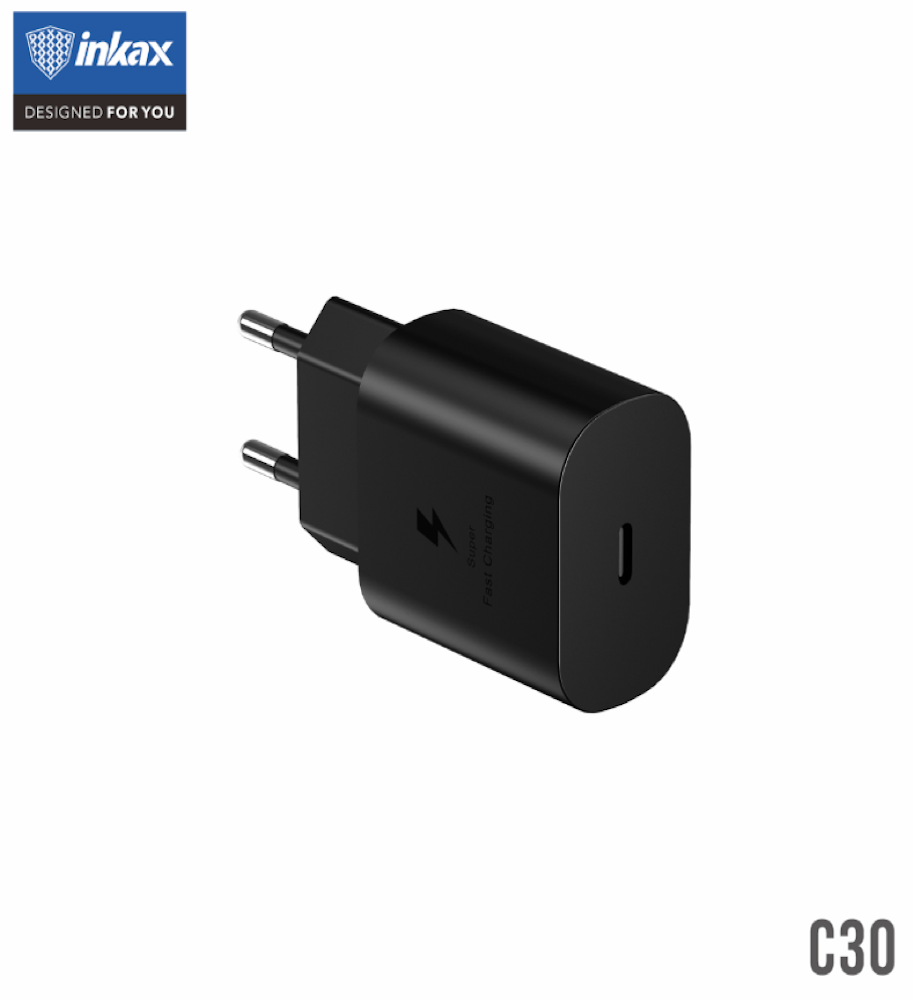 INKAX C30 PD 25W PD Hálózati Töltőfej + 1M PD USB Type-C Töltőkábel - Feke