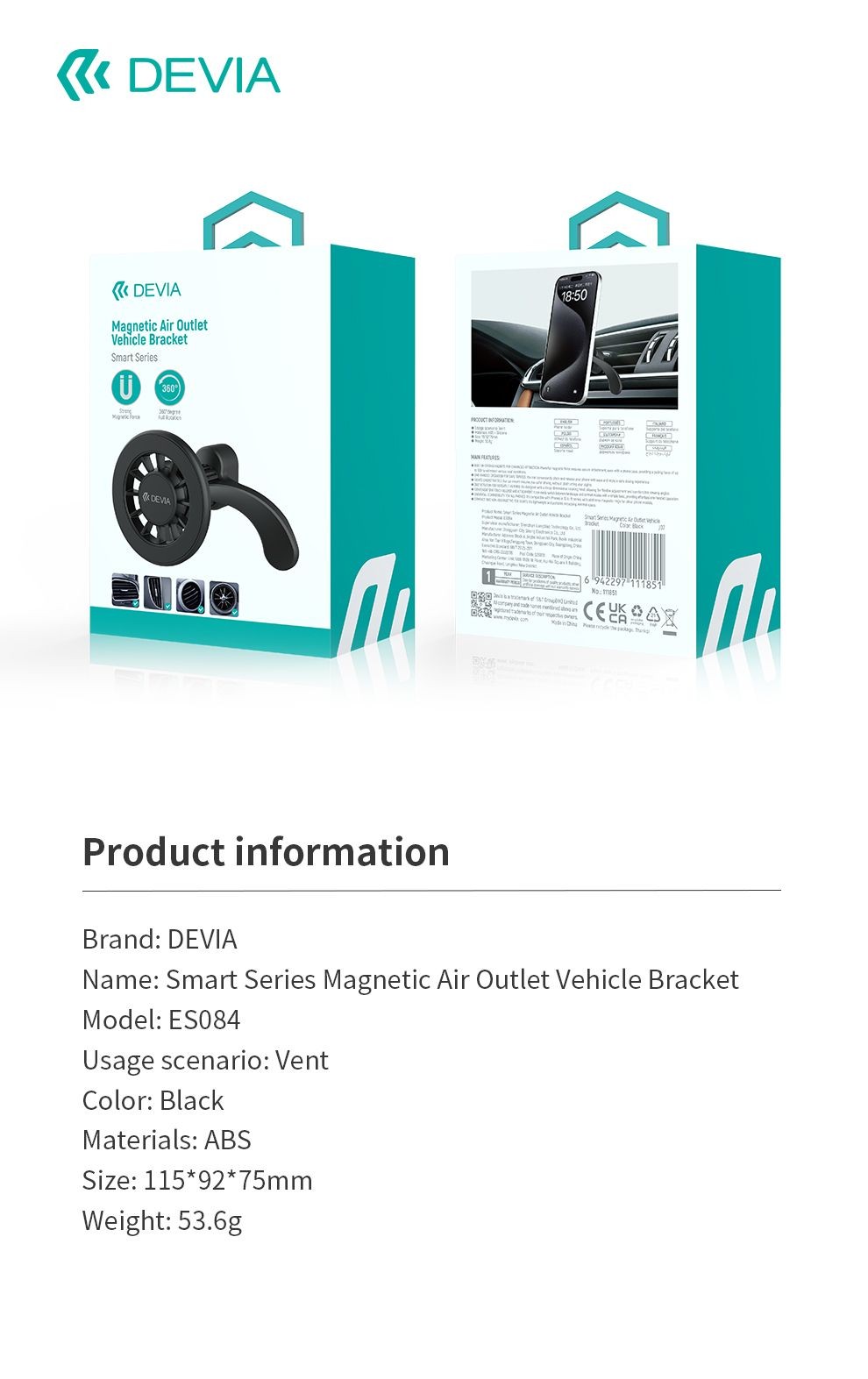 Devia ES084 Smart Magnetic Air Outlet Mágneses Tartó - Fekete