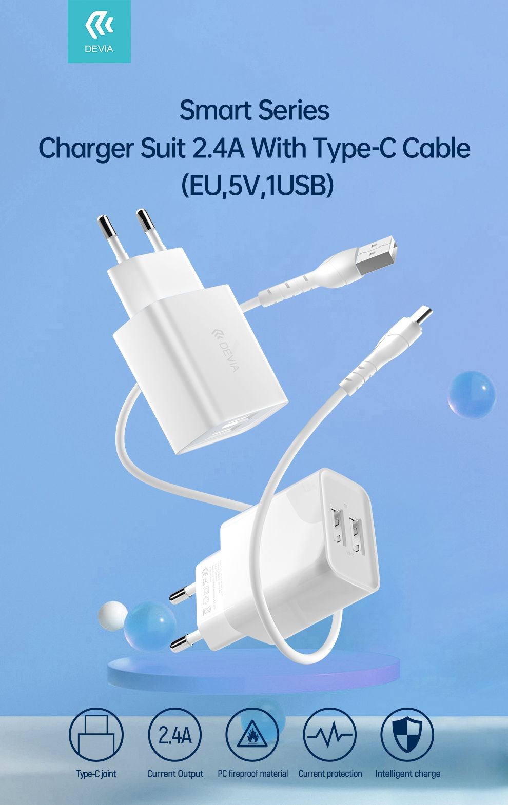 Devia RLC-526 Smart 2.4A 2xUSB Hálózati Töltőfej + 1m USB Type-C Töltőkábe