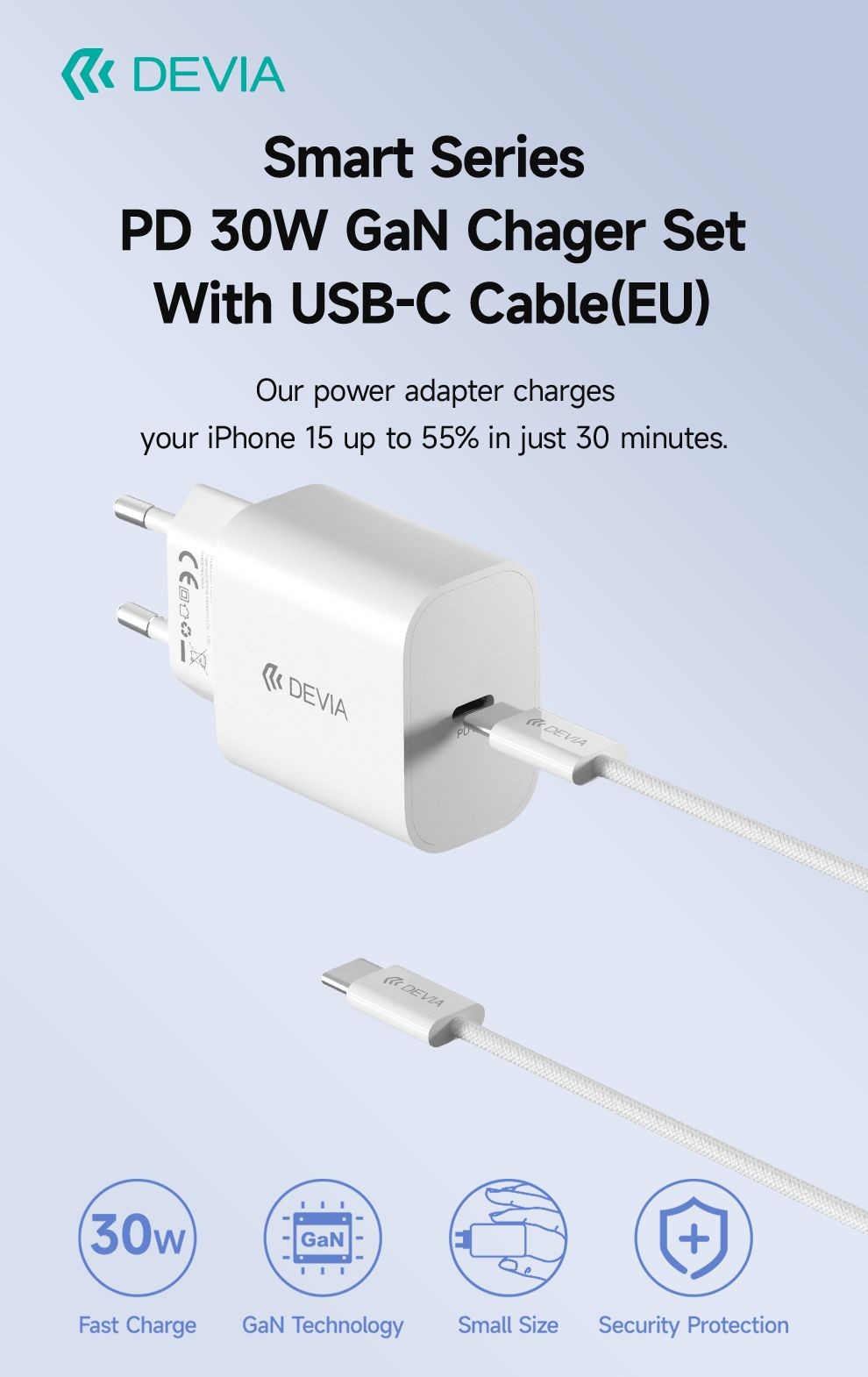 Devia RCE-3005CL Smart PD 30W GaN Hálózati Töltőfej + USB Type-C PD Kábel-