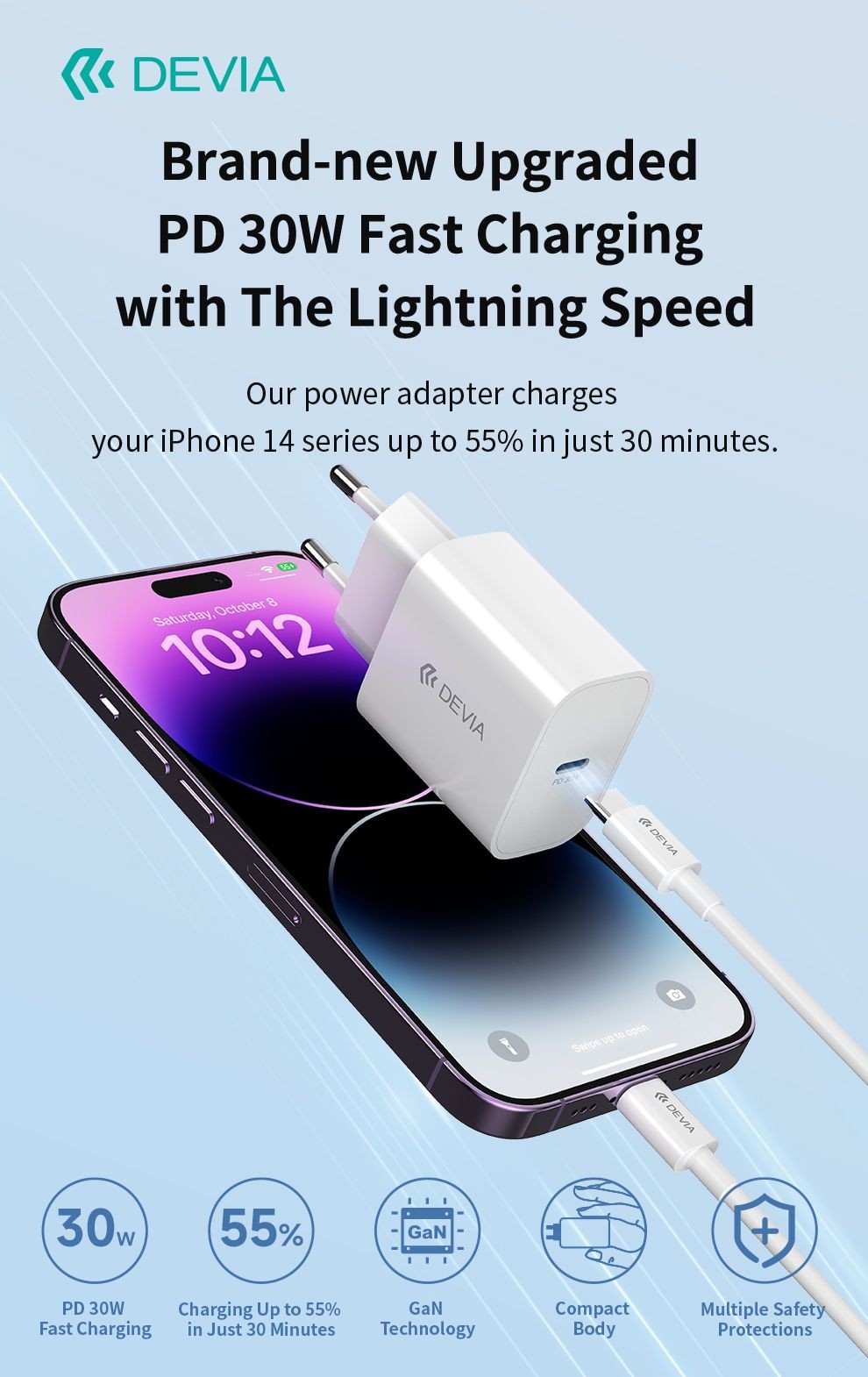 Devia RCE-3005CL Smart PD 30W GaN Hálózati Töltőfej + Lightning PD Kábel- 